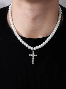 Fashionable And Popular Men Rhinestone Cross Pendant Faux Pearl Beaded Necklace For Party And For A Stylish Look - White - View 1