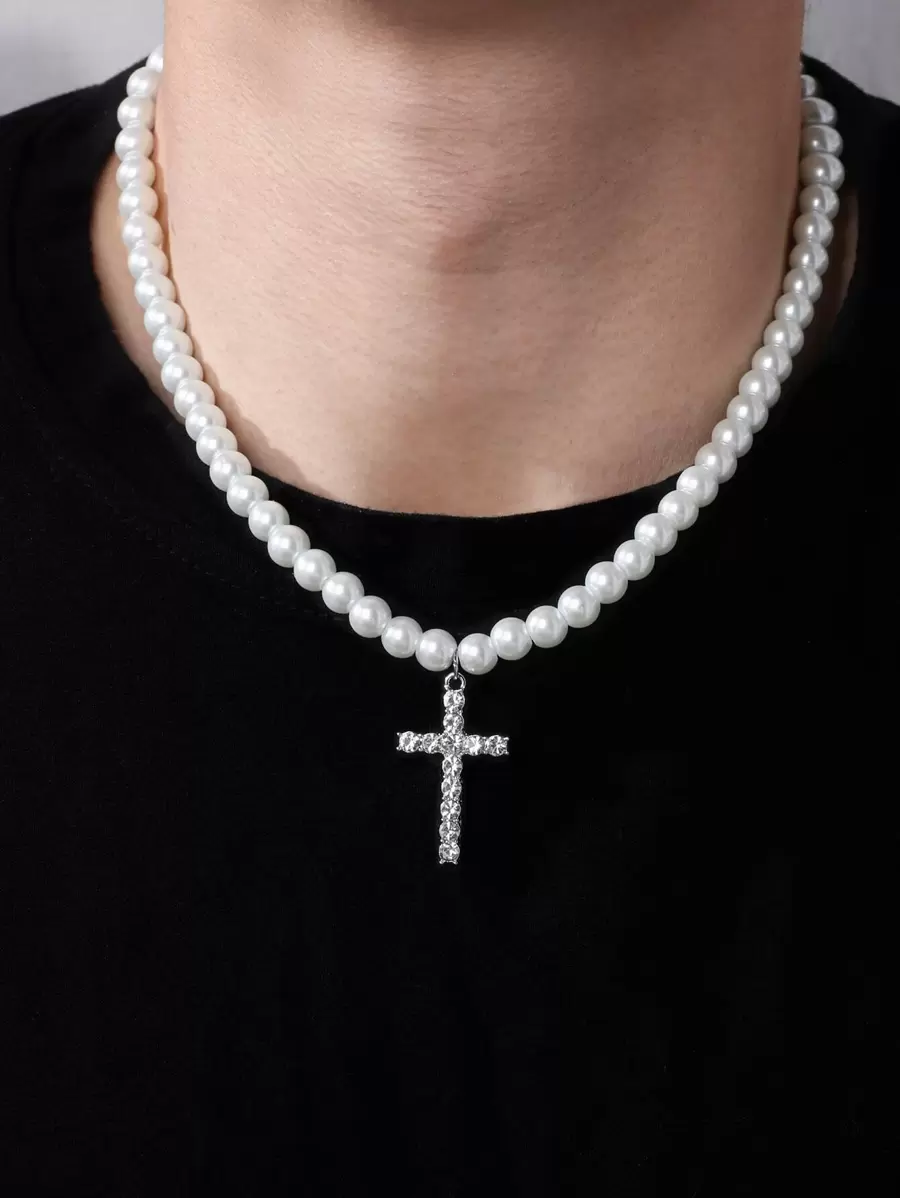 Fashionable And Popular Men Rhinestone Cross Pendant Faux Pearl Beaded Necklace For Party And For A Stylish Look - White - View 1