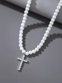 Fashionable And Popular Men Rhinestone Cross Pendant Faux Pearl Beaded Necklace For Party And For A Stylish Look - White - View 2