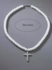 Fashionable And Popular Men Rhinestone Cross Pendant Faux Pearl Beaded Necklace For Party And For A Stylish Look - White - View 3