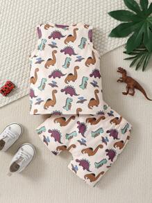 Baby Boy Dinosaur Print Tank Top & Shorts - Beige - View 2