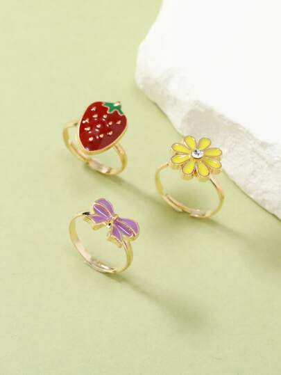 3pcs/set Girls Rhinestone Detail Flower & Bow Decor Ring
