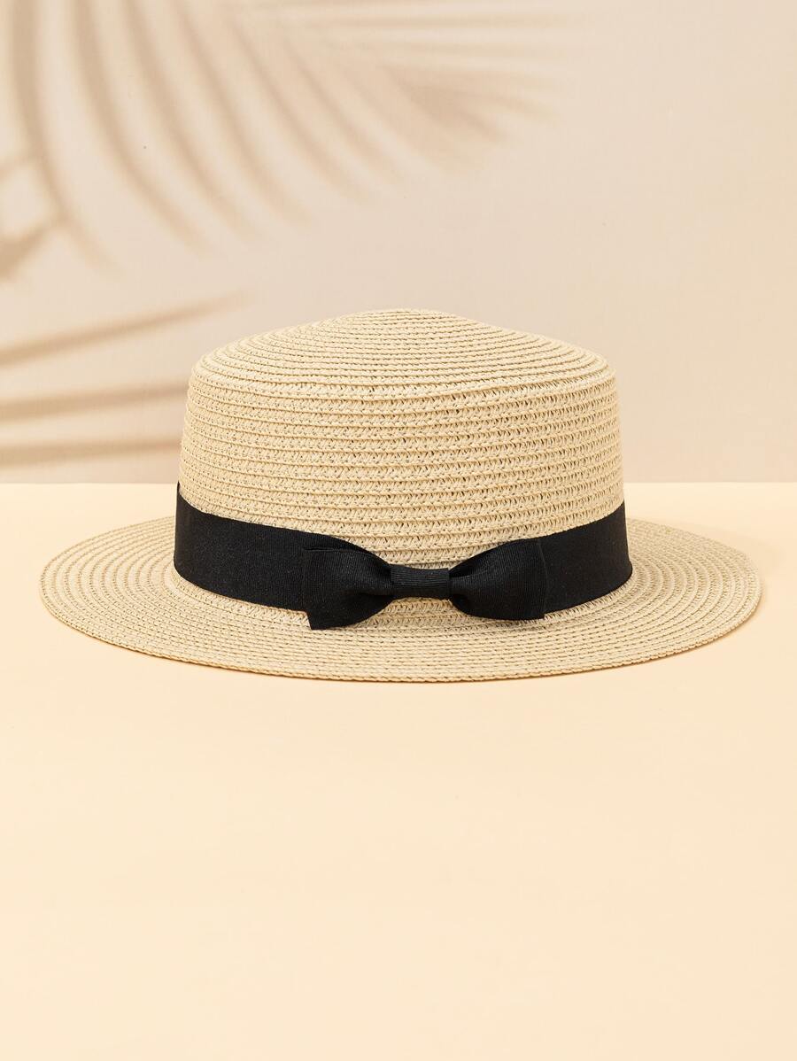 Bow Decor Straw Hat - Beige - View 1