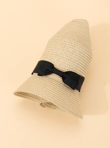 Bow Decor Straw Hat - Beige - View 3