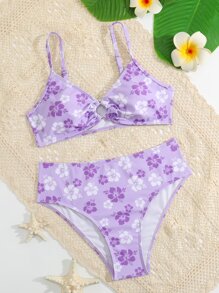SHEIN Bộ bikini in hoa dành cho tuổi teen đi biển mùa hè - Màu tím - Xem 1