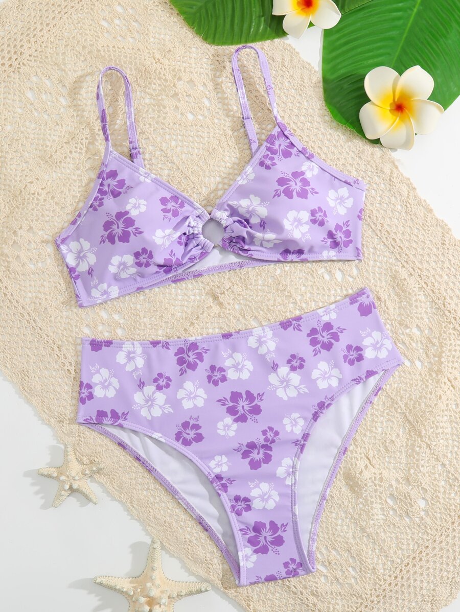 SHEIN Bộ bikini in hoa dành cho tuổi teen đi biển mùa hè - Màu tím - Xem 1