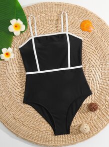 SHEIN Teen Girls Contrast Binding Cami One Piece Swimsuit - Black - View 1