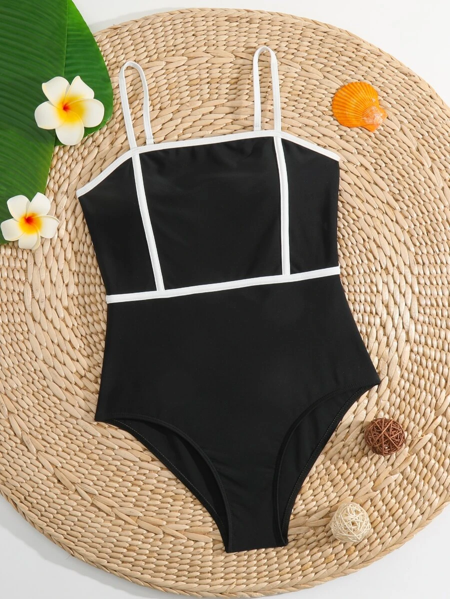 SHEIN Teen Girls Contrast Binding Cami One Piece Swimsuit - Black - View 1