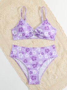 SHEIN Bộ bikini in hoa dành cho tuổi teen đi biển mùa hè - Màu tím - Xem 5