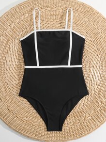 SHEIN Teen Girls Contrast Binding Cami One Piece Swimsuit - Black - View 3