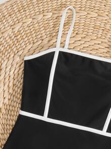 SHEIN Teen Girls Contrast Binding Cami One Piece Swimsuit - Black - View 5