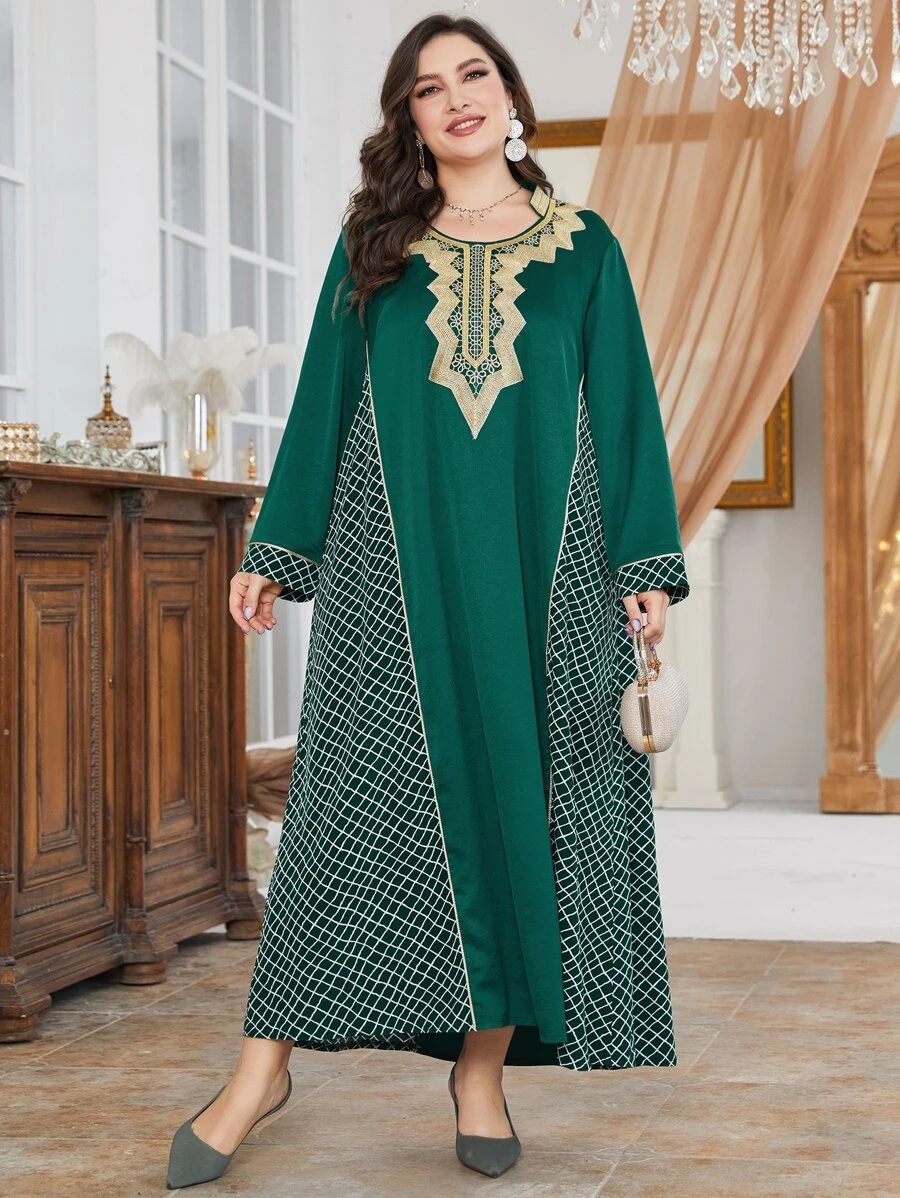 Al Najma 大碼幾何印花刺繡拼接邊連衣裙 - 墨綠色 - 查看 1