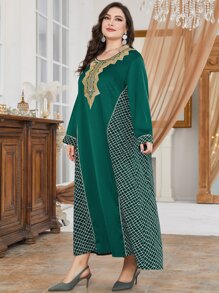 Al Najma 大碼幾何印花刺繡拼接邊連衣裙 - 墨綠色 - 查看 3