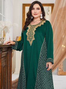 Al Najma 大碼幾何印花刺繡拼接邊連衣裙 - 墨綠色 - 查看 4