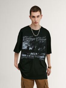 Men Horse & Slogan Graphic Drop Shoulder Tee - Black - View 1