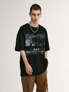 Men Horse & Slogan Graphic Drop Shoulder Tee - Black - View 3