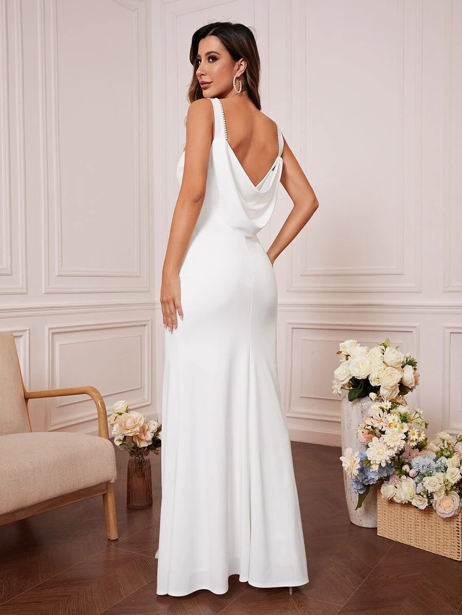 Solid Draped Backless Mermaid Hem Wedding Dress - White - View 1