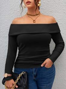 SHEIN Privé Camiseta doblado de hombros descubiertos fruncido lateral - Negro - Ver 1