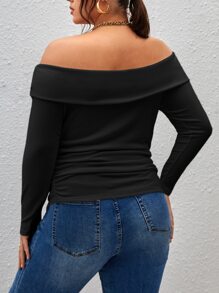 SHEIN Privé Camiseta doblado de hombros descubiertos fruncido lateral - Negro - Ver 2