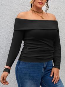 SHEIN Privé Camiseta doblado de hombros descubiertos fruncido lateral - Negro - Ver 3