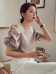 DAZY Solid Puff Sleeve Keyhole Back Blouse - Khaki - View 1