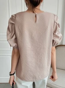 DAZY Solid Puff Sleeve Keyhole Back Blouse - Khaki - View 2