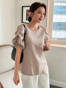 DAZY Solid Puff Sleeve Keyhole Back Blouse - Khaki - View 3