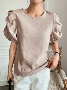 DAZY Solid Puff Sleeve Keyhole Back Blouse - Khaki - View 4