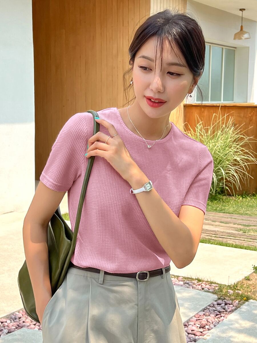 DAZY Waffle Knit Round Neck Tee - Pink - View 1