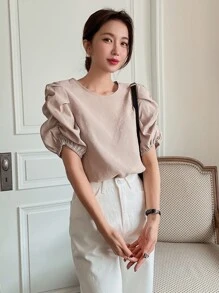 DAZY Solid Puff Sleeve Keyhole Back Blouse - Khaki - View 5