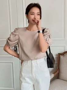 DAZY Solid Puff Sleeve Keyhole Back Blouse - Khaki - View 6