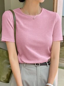 DAZY Waffle Knit Round Neck Tee - Pink - View 3