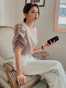 DAZY Solid Puff Sleeve Keyhole Back Blouse - Khaki - View 7