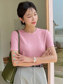 DAZY Waffle Knit Round Neck Tee - Pink - View 4