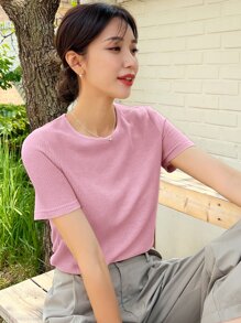 DAZY Waffle Knit Round Neck Tee - Pink - View 5