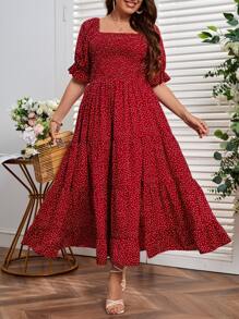 SHEIN VCAY Váy xẻ đùi in họa tiết chấm bi Boho cỡ lớn, dành cho mùa hè - Màu Đỏ Sâu - Xem 4