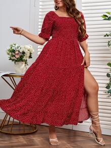 SHEIN VCAY Váy xẻ đùi in họa tiết chấm bi Boho cỡ lớn, dành cho mùa hè - Màu Đỏ Sâu - Xem 3