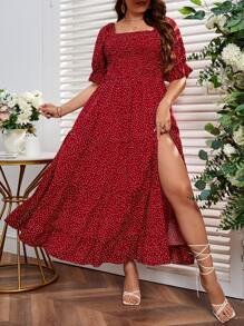 SHEIN VCAY Váy xẻ đùi in họa tiết chấm bi Boho cỡ lớn, dành cho mùa hè - Màu Đỏ Sâu - Xem 5