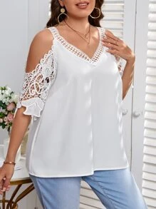 SHEIN Unity Blusa con encaje en contraste de hombros descubiertos - Blanco - Ver 3