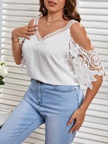 SHEIN Unity Blusa con encaje en contraste de hombros descubiertos - Blanco - Ver 5