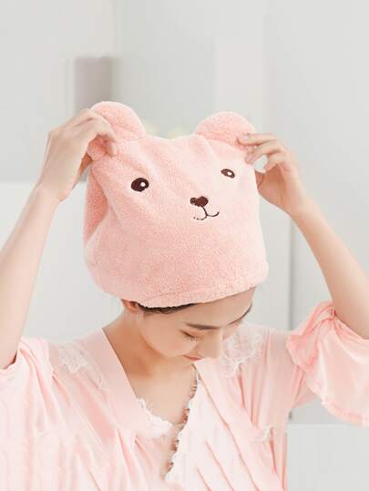 قبعة تجفيف الشعر المطرزة بشكل دب كرتوني قطعة واحدة، منشفة شعر ماصة من الميكروفايبر بتصميم كرتوني جميل للاستخدام في الحمام والمنزل