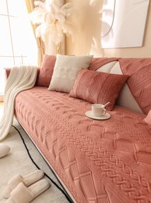 1pc Geometric Pattern Sofa Towel, Simple Polyester Sofa Cover Blanket For Home - Pink - View 3