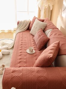 1pc Geometric Pattern Sofa Towel, Simple Polyester Sofa Cover Blanket For Home - Pink - View 6