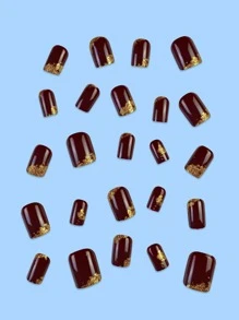 提升你的风格。24款优雅短方形可拆卸假指甲贴。简约商务风格亮片指甲贴，酒红色纯色，金色点缀。可穿戴美甲套装。短指甲专用粘合剂。适合女士和女孩。 - 彩色 - 查看 3