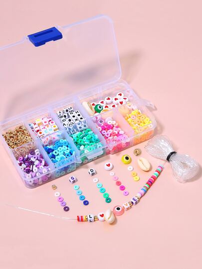 1盒字母圖案DIY珠子和1卷彈性線