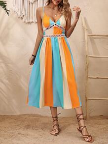 SHEIN VCAY 撞色胸部褶皺蕾絲拼接吊帶連衣裙 - 彩色 - 查看 5