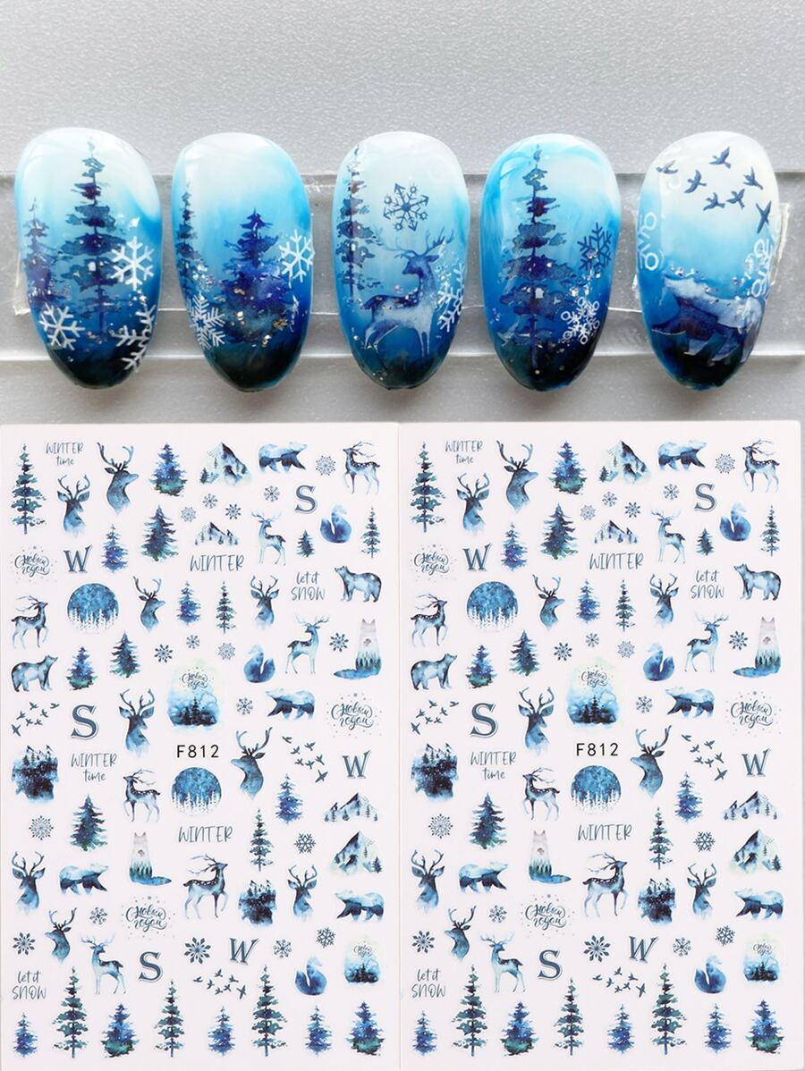 FULL BEAUTY 2片動物和樹紋路美甲貼紙，美甲貼紙DIY - 藍色 - 查看 1