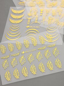 FULL BEAUTY 12片花卉和葉子圖案美甲貼紙，美甲貼紙DIY - 金色 - 查看 3