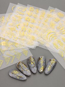 FULL BEAUTY 12片花卉和葉子圖案美甲貼紙，美甲貼紙DIY - 金色 - 查看 4