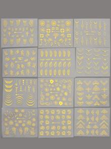 FULL BEAUTY 12片花卉和葉子圖案美甲貼紙，美甲貼紙DIY - 金色 - 查看 6